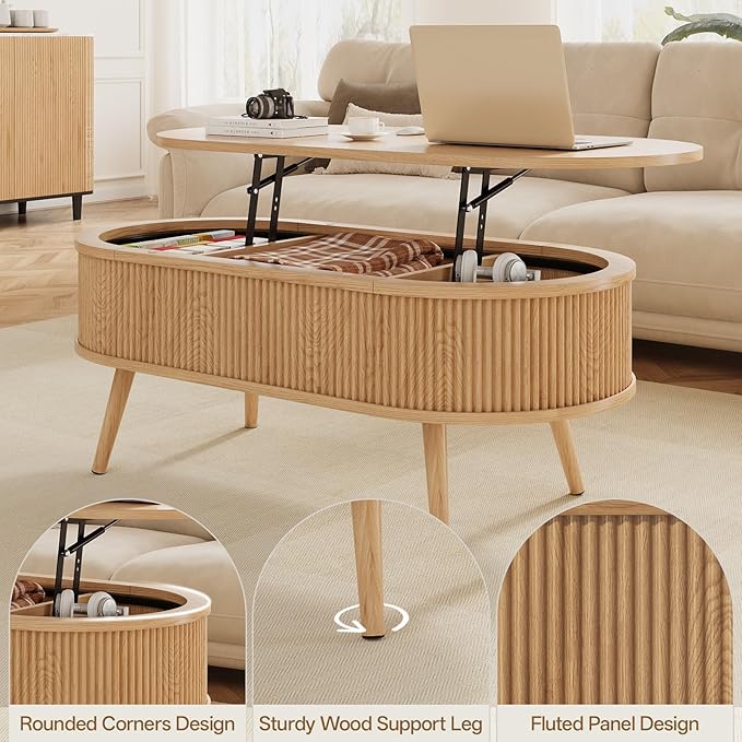 Mid Century Oval Coffee Table, Fluted Center Table with Lift Top, Modern Dining Table with Storage for Living Room Home Office, 39.4", Oak