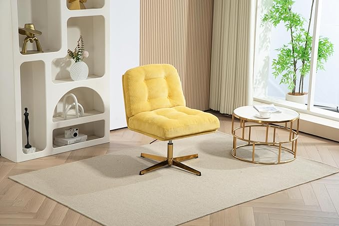 ZOBIDO Modern Accent Corduroy Chairs Comfy Upholstered Vanity Chairs for Bedroom Armchair Dining Chairs with Golden Metal Legs Desk Chair for Living Room(Yellow