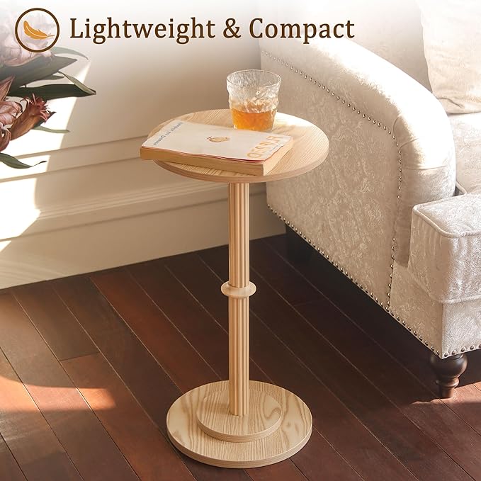 MaxSmeo Drink Table, Small Side Table for Small Spaces, Modern Round End Table with Fluted Wood Leg, Natural