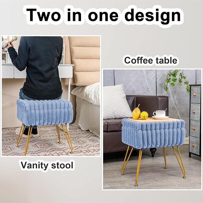 Faux Fur Vanity Stool Chair with Storage Ottoman, Vanity Chair for Makeup Room, Vanity Stools for Bedroom, Footrest with Metal Legs and as a Coffee Table, Blue