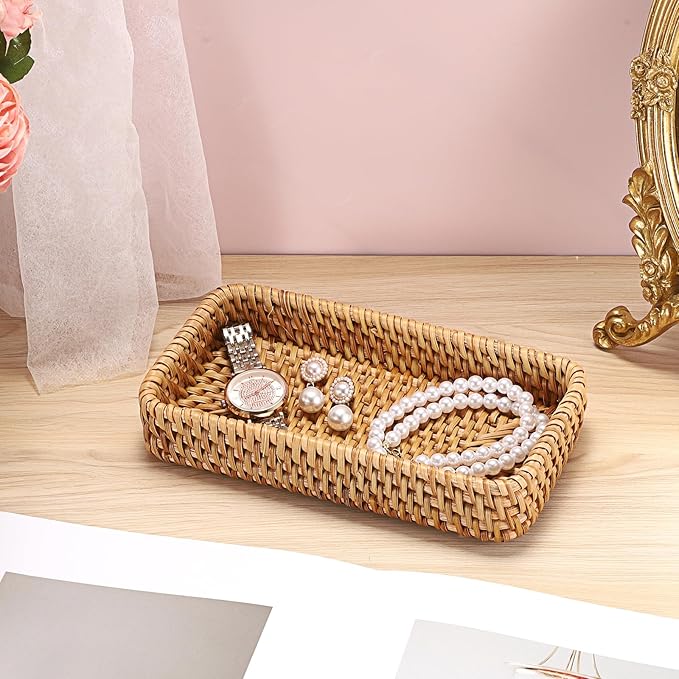 BTSKY Small Remote Basket for Coffee Table Entryway Living Room Rattan Serving Tray 8.3” x 4.7” Handwoven Wicker Baskets Decorative Tray for Wallet Remote Control Trinkets Rings Cosmetics Crackers