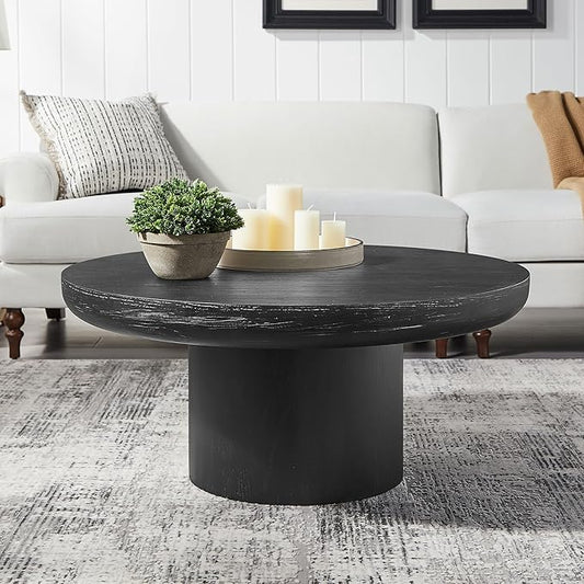 36" Round Coffee Table with Cylindrical Leg,Farmhouse Accent Side Table, Sturdy MDF Construction,Mid-Century Modern Wood Veneer Center Table for Living Room, Apartment,Office (Black)