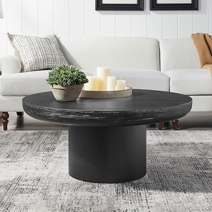 35.98'' Black Round Coffee Table, End Table Modern Coffee Table Wood Small Coffee Table with Cylindrical Leg, Wood Veneer Tabletop Table, Rounded Sofa Side Table for Living Room (ø35.98'' x 15.98'')