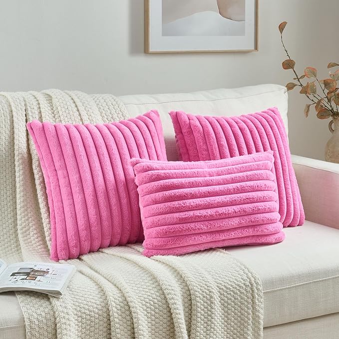 FUTEI Hot Pink Striped Decorative Throw Pillow Covers 12x20 Inch Set of 2,Rectangle Winter Decorations Couch Lumbar Pillowcase,Soft Cozy Faux Rabbit Fur & Velvet Back,Modern Home Decor for Bed