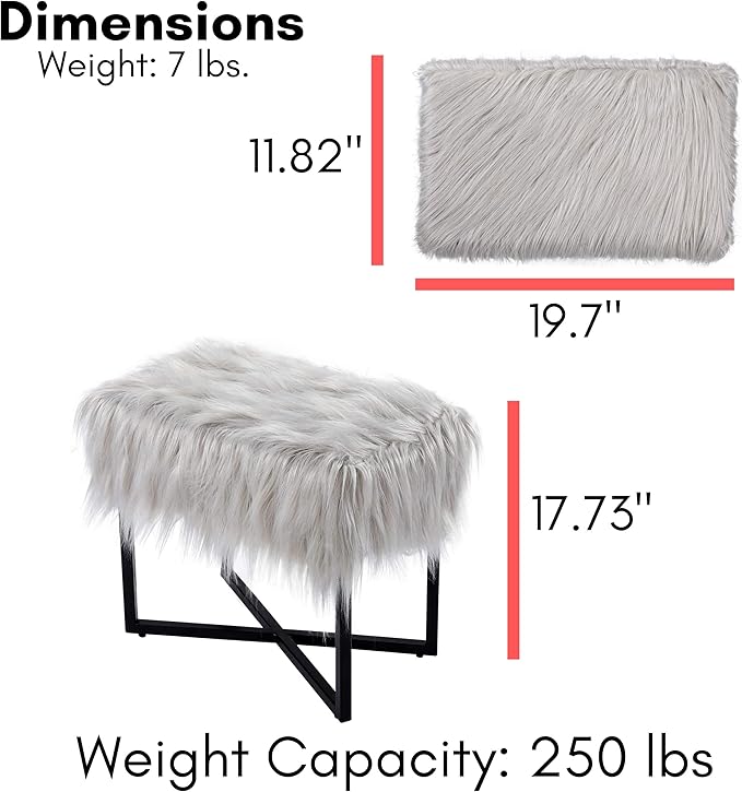 BIRDROCK HOME Rectangular Faux Fur Vanity Stool Ottoman w/Black Metal Legs - Small Fluffy Makeup Seat - Cute Foot Rest for Bedroom, Desk, or Dressing Table - Compact Chair for Girls Dorm Room - Grey