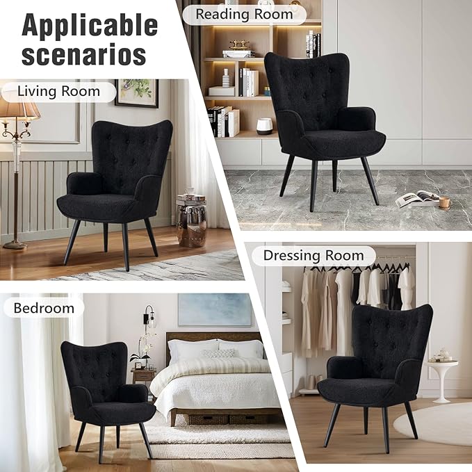 Furniliving Boucle Accent Chair for Living Room, Upholstered Reading Chair with High Backrest, Tufted-Button Wingback Armchair for Bedroom, Dressing Room, Home Office, Black, Set of 2