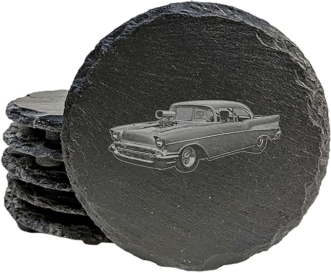 Rev It Up in Style: 1957 Chevy Bel Air Hot Rod Coasters for Gearheads - Round Slate - Set of 5