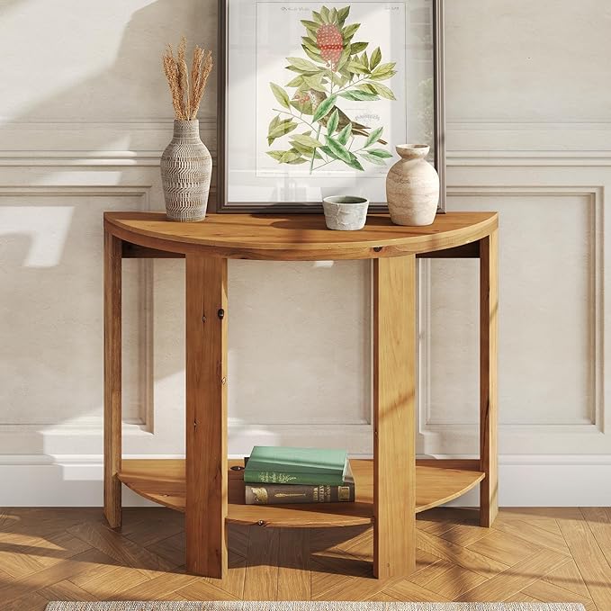 Solid Wood Half-Moon Console Table for Entryway, 41.3" Farmhouse Small Hallway Entry Accent Table with 2-Tier Storage for Living Room, Foyer, Entrance, Easy Assembly