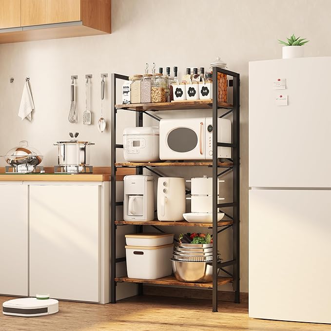 Homeiju Folding Bookshelf,4 Tier Bookcase Foldable Shelf with X-Bracket Design, Adjustable Feet, Space Saving Storage for Living Room, Office, Rustic Brown