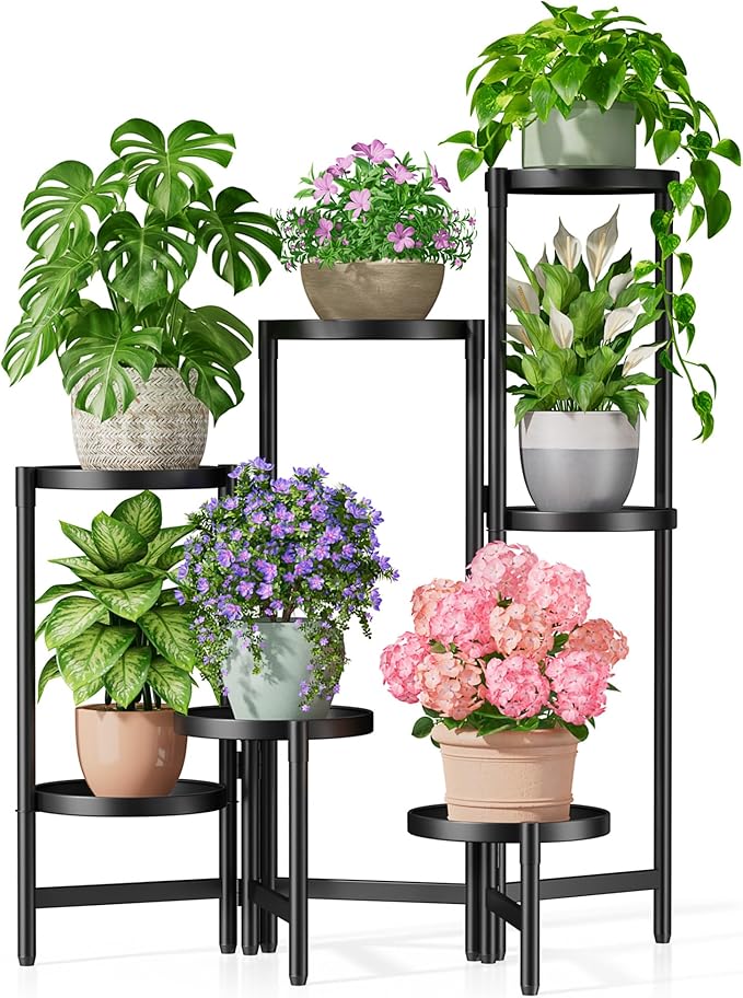 7 Tiered Metal Corner Plant Stand Indoor Outdoor, Tall Large Folding Rack with Rust Proof 10 Inch Wide Tray, Heavy Duty Flower Shelf for Multiple Plants for Patio - BlackDisk