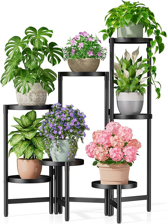 7 Tiered Metal Corner Plant Stand Indoor Outdoor, Tall Large Folding Rack with Rust Proof 10 Inch Wide Tray, Heavy Duty Flower Shelf for Multiple Plants for Patio - BlackDisk