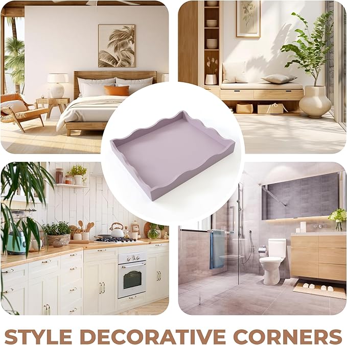 Wooden Scallop Serving Tray - for Coffee Table, Breakfast, Dinner Kitchen Living Room Bedroom, and Home Decor for All Occasions (Pastel Purple, M)