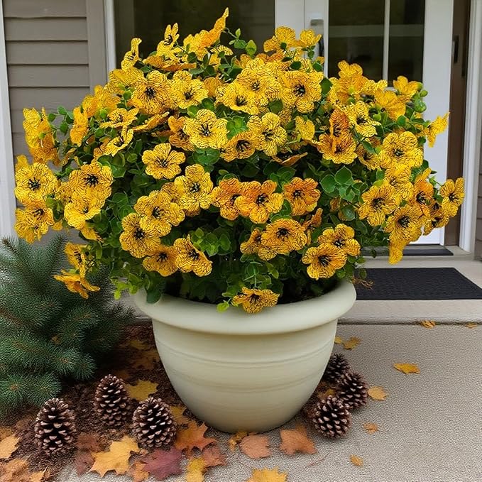 12 Bundles Artificial Flowers for Outdoor Indoor Fake Flowers UV Resistant Artificial Outdoor Flowers Fake Plants Beautiful Faux Flower for Porch Garden Home Patio Decor Home Wedding (Yellow)