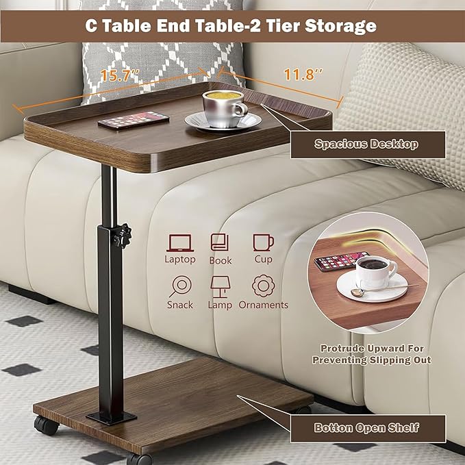 YYW Adjustable C Shaped End Table with Wheels - 360° Swivel TV Tray Table for Sofa/Bed/Bathtub, Slide Under Couch, Height Adjustable (17.7-31.5 Inches),Living Room, Bedroom, Study (Walnut Color)