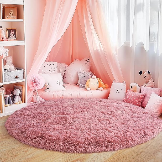 4'x4' Blush Round Rugs for Girls Bedroom, Ultra Soft Fluffy Circle Rug for Kids Room, Cute Shag Rugs for Living Room Playroom Tent Castle Home Decor Rug