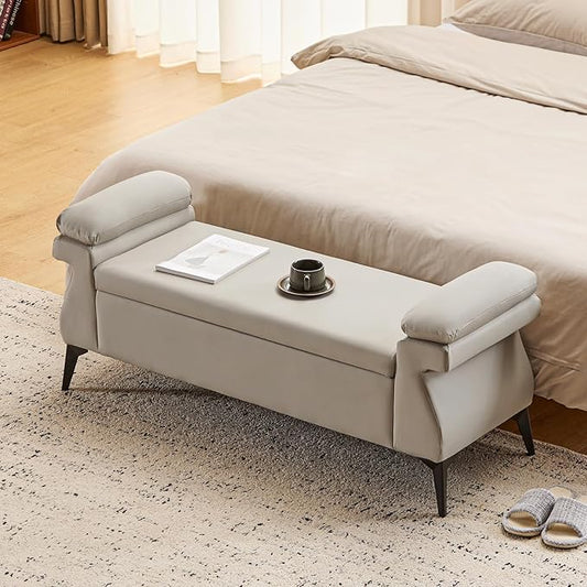 Furniliving 51” Storage Bench, Upholstered End of Bed Bench with Armrest Cushion Large Storage Ottoman/Bedroom Bench/Ottomans, Window Bench with Metal Legs, for Living Room, Entryway, Grey