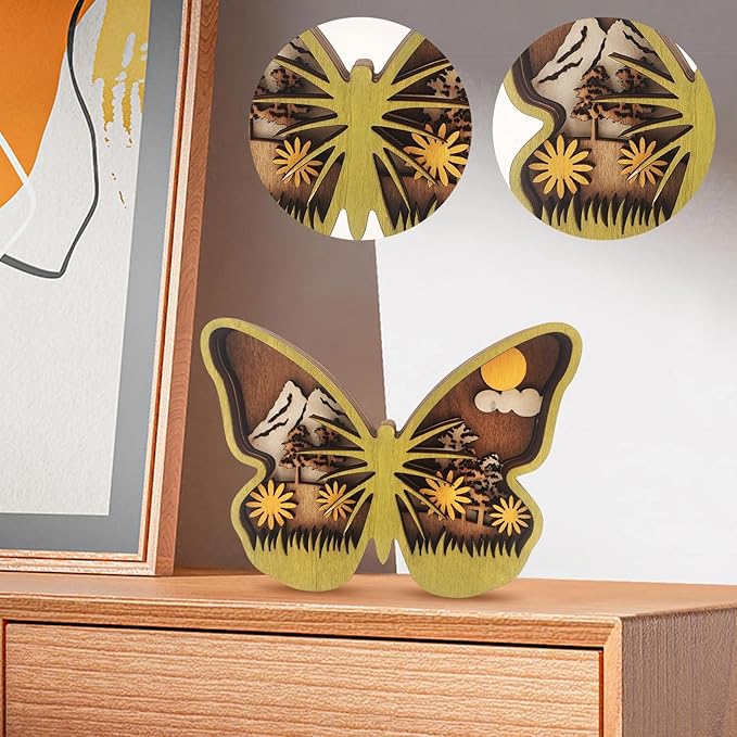 3D Wooden Carving Animals Lamp - Creative Fox Squirrel Wood Carved LED Night Light Garden Yard Wooden Animals Sculpture Ornaments Desktop Home Decor Birthday Gifts for Family Friend (Butterfly)