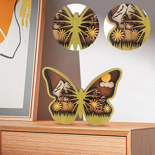 3D Wooden Carving Animals Lamp - Creative Fox Squirrel Wood Carved LED Night Light Garden Yard Wooden Animals Sculpture Ornaments Desktop Home Decor Birthday Gifts for Family Friend (Butterfly)