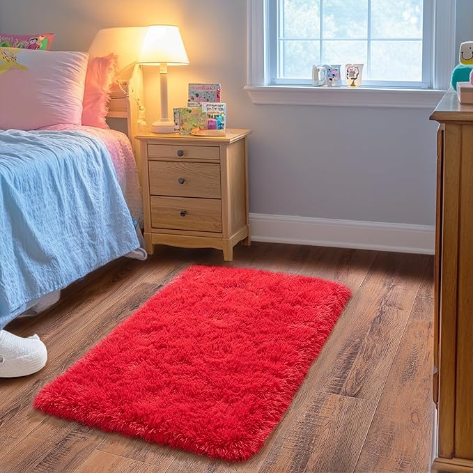 Small Area Rug, 2x3 Red Rug for Bedroom Shaggy Throw Rugs for Girls Room, Soft Carpet for Kids Room, Plush Non-Slip Fluffy Bedside Rug for Living Room Nursery Dorm Home Decor
