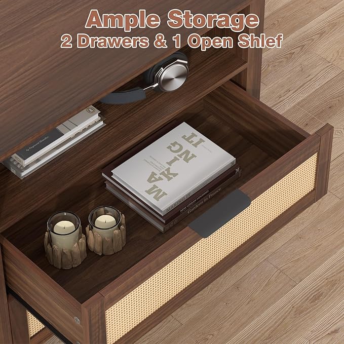 HOMMPA Nightstand with Charging Station, Boho Bedside Table with USB and Type-C Ports, Large Rattan Night Stand with 2 Drawers, Side Table End Table for Bedroom, Living Room, Small Space, Walnut