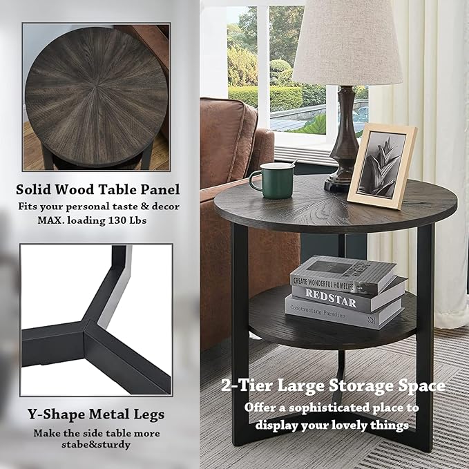 Round End Table with Storage Shelf, 25in Circel Accent Side Table with Metal Legs, 2-Tier Industrial Sofa Side Table for Living Room Bedroom, Black Brown