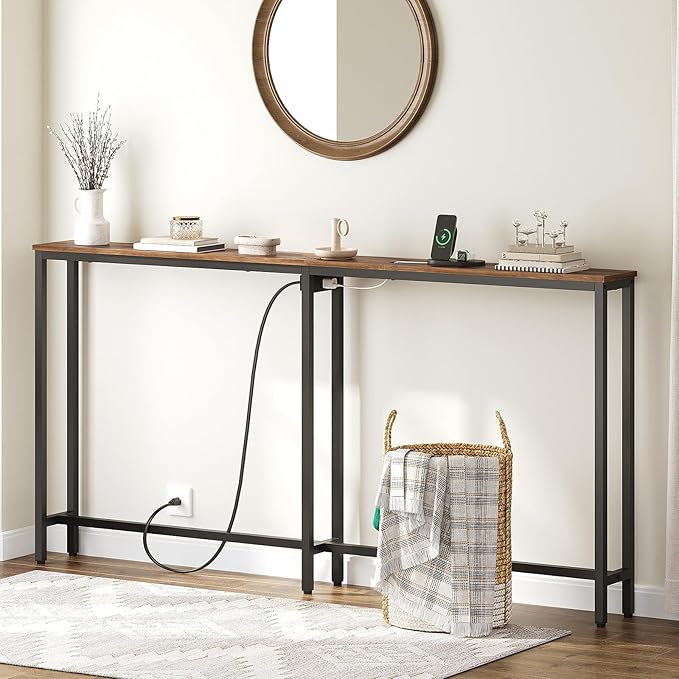 Narrow Console Table, 70.9" Behind Couch Table Skinny, Small Entryway Table with Power Outlets, Modern Hallway Table for Living Room, Entryway, Rustic Brown and Black CT15UBR