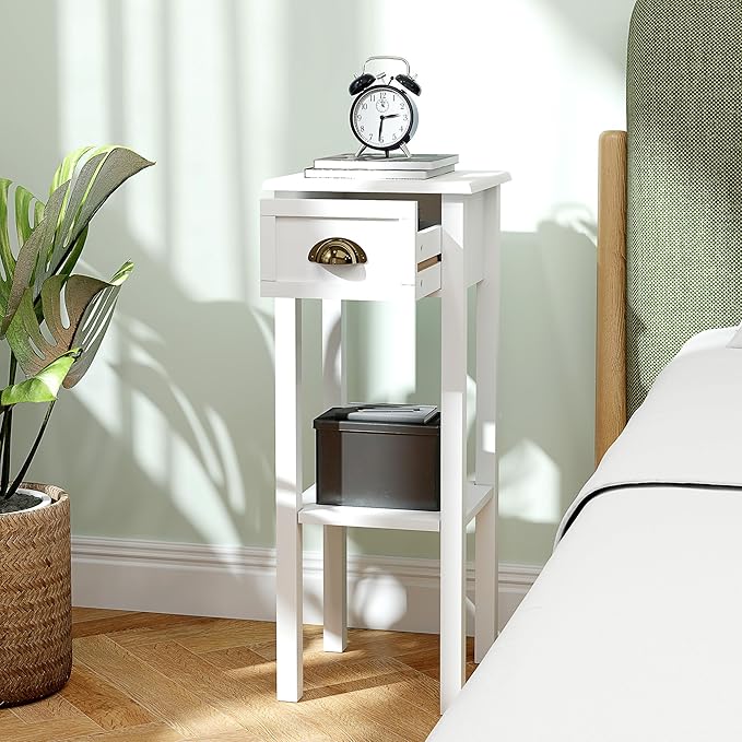 HOMCOM 2-Tier Side Table with Drawer, Narrow End Table with Bottom Shelf, for Living Room, Set of 2, White