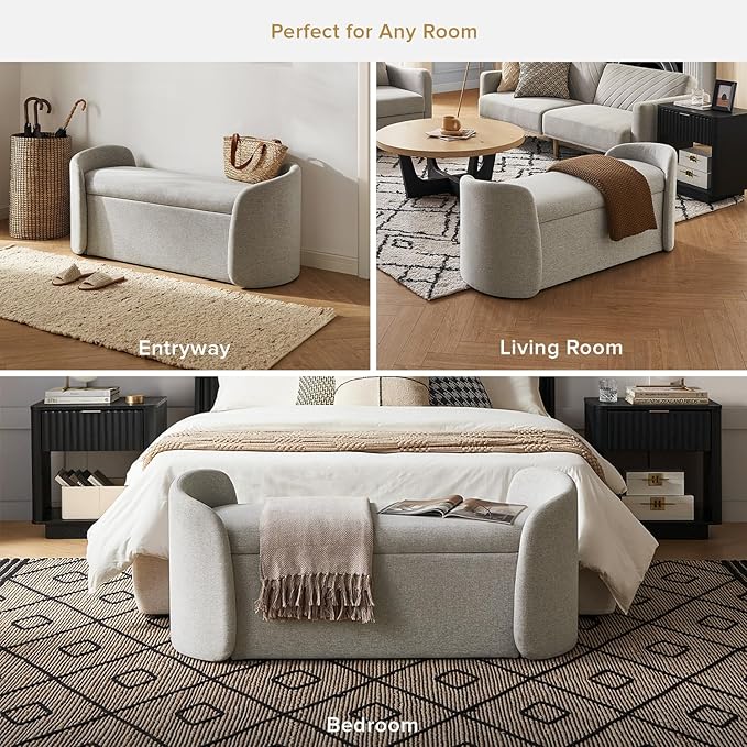 mopio Sophie 51" Ottoman Storage Bench, Entryway and Window Seating, End of Bed Curved Stool for King & Queen Bed, Storage Chest for Bedroom (Light Gray Fabric)