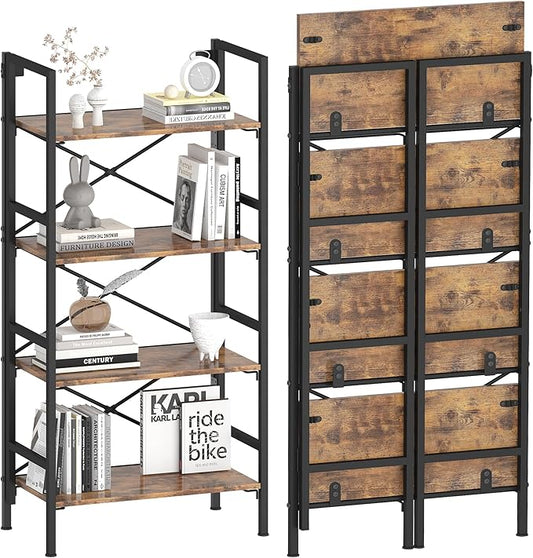 Homeiju Folding Bookshelf,4 Tier Bookcase Foldable Shelf with X-Bracket Design, Adjustable Feet, Space Saving Storage for Living Room, Office, Rustic Brown
