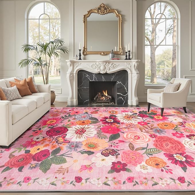 Washable Area Rug 8x10 Pink, Large Soft Rugs for Living Room Floral Carpet 8x10 Area Rugs for Girls Bedroom Nursery Room Non-Slip Stain Resistant Under Table Rug (8 x 10, Pink Garden)