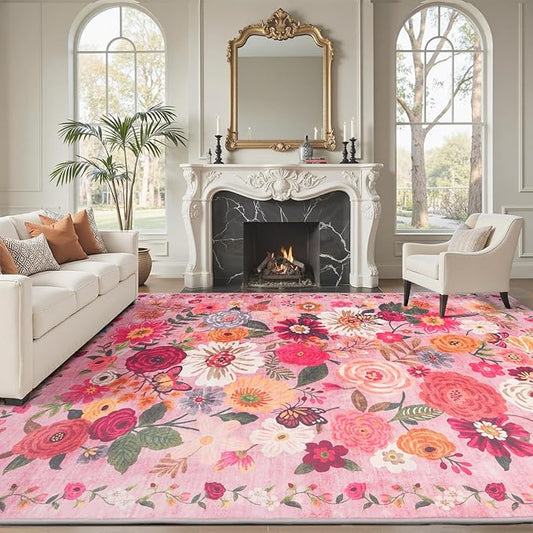 Washable Area Rug 8x10 Pink, Large Soft Rugs for Living Room Floral Carpet 8x10 Area Rugs for Girls Bedroom Nursery Room Non-Slip Stain Resistant Under Table Rug (8 x 10, Pink Garden)
