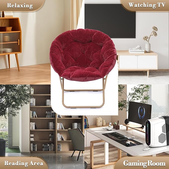 Athena Collection Saucer Chair with Ottoman - Modern Red Faux Fur Foldable Accent Chair - Comfortable for Bedroom, Living Room, Gaming, Reading - 300 lbs Weight Capacity
