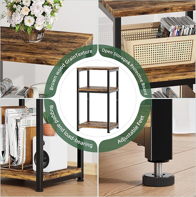 Simple Trending 3 Tier End Table, Side Table Sofa Couch Table for Living Room, Night Stand Storage Shelf, Rustic Brown