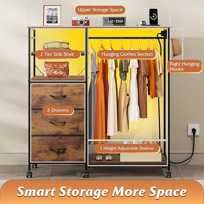 WLIVE Dresser with Hanging Rack for Bedroom, 3 Drawer Dresser with LED Lights & Charging Station, Fabric Dressers & Chest of Drawers, Storage Organizer with Open Shelves for Living Room, Brown