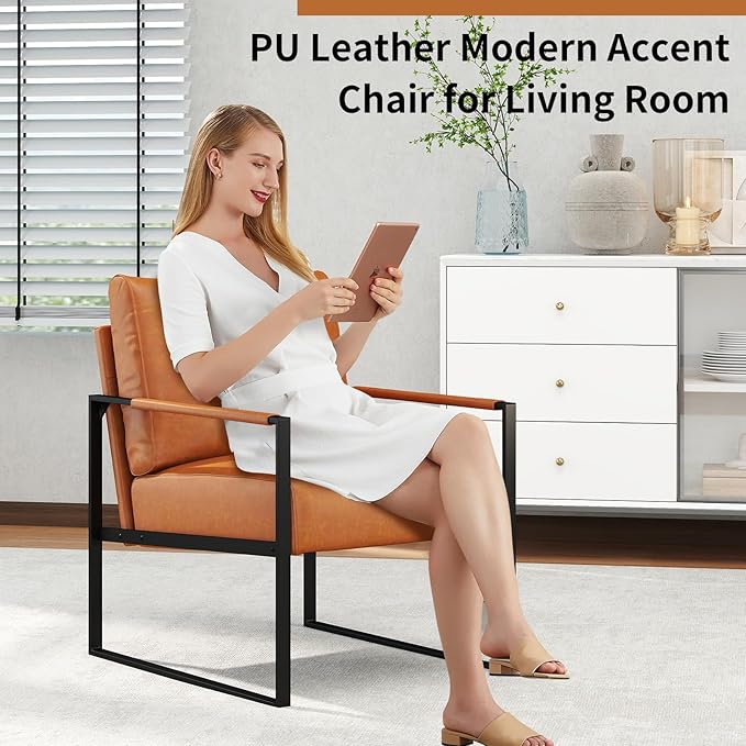 CANMOV Modern Accent Chair Set of 6, PU Leather Armchair with Metal Frame,Comfy Single Reading Chair with Soft Padded Backrest and Cushion for Living Room, Bedroom,Reading Room,Office,Brown