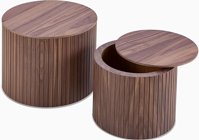Round Coffee Table Set of 2 for Living Room, Wood Small Nesting Tables with Storage, Circle Side Table, Modern Accent End Table with Moveable Lid for Bedroom,Walnut
