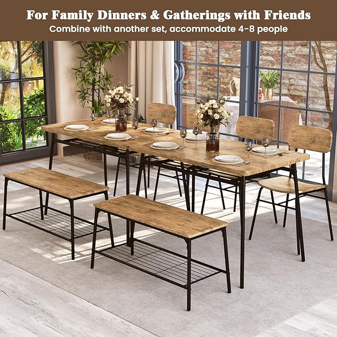 GOFLAME 4-Piece Dining Table Set for 4, Industrial Rectangular Kitchen Table with Bench and 2 Chairs, Storage Racks, Metal Frame, Space-Saving Dinette Set for Dining Room, Living Room, Breakfast Nook