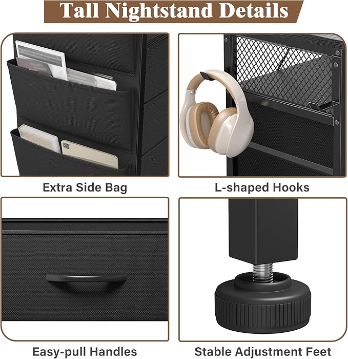 EnHomee Tall Night Stand Set 2 with 5 Drawers, LED Nightstand with Ports & Outlets, Bedside Table with Extra Side Bag & Storage Shelf & Hooks, Bedroom, Dorm, Closet