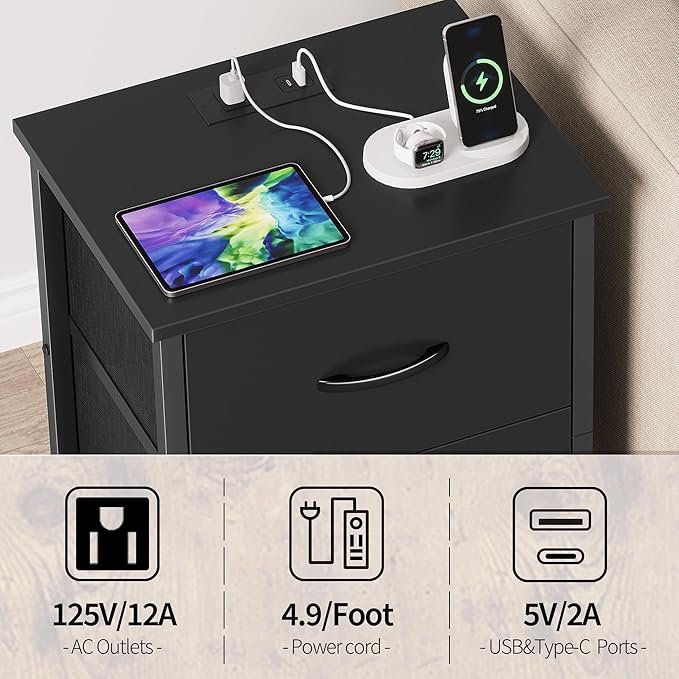 Vagusicc Nightstand with Charging Station, Bedside Table with USB Ports and Outlet, End Table Side Table with 2 Fabric Drawers for Bedroom, Living Room, Black