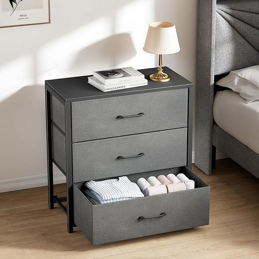 Nightstand with 3 Drawers for Bedroom, Storage Dresser with Fabric Drawers and Metal Frame for Closet, Living Room, Bedside Table with Wood Top, Easy Pull Handle, Gray