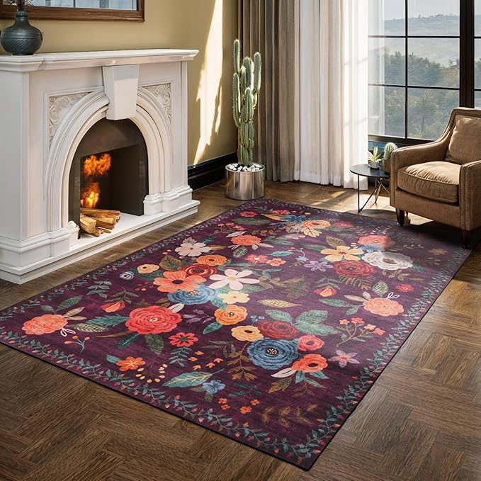 Floral Washable 6x9 Area Rugs, Soft Bedroom Rug for Living Room Ultra-Thin Non Slip Dining Room Rug, Stain Resistant Rugs Easy Clean Throw Carpet for Office(6 x 9, Purple Lawn)