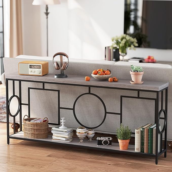 Giantex 71" Console Table, 2-Tier Extra-Long Entryway Table w/Storage Shelf, Faux Wood Top, Narrow Sofa Table with Geometric Frame, Behind Couch Entry Table for Living Room, Hallway, Foyer