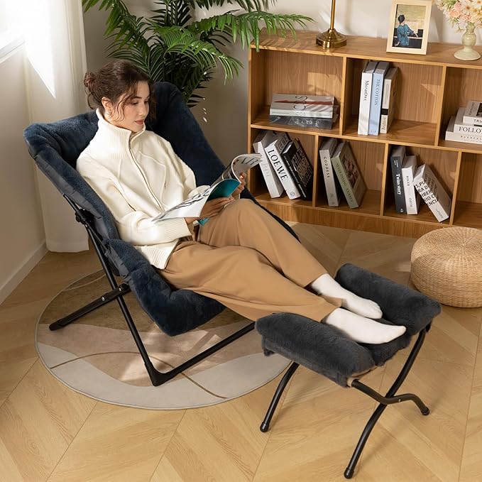 HollyHOME X-Large Saucer Chair with Foldable Ottoman, Comfy Oversized Folding Chair and Folding Footrest Stool Set, Faux-Fur Reading Chair and Footstool for Living Room, Navy Blue Chair&Stool