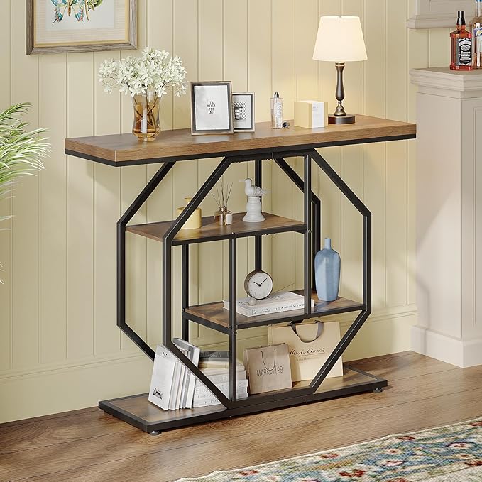 GiftGo 41.3" Narrow Console Table Entryway Industrial 4-Tier Sofa Table Behind Couch with Octago Base Wood Accent Tables with Storage Shelves for Living Room, Hallway, Foyer (Brown)