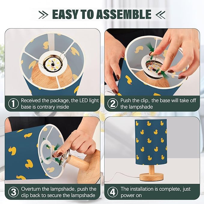 Table Lamp Yellow Duck Pattern on Dark Blue Nightstand Lamp with Wood Base Fabric Lamp Shade Bedside Desk Lamp for Living Room Bedroom Kids Room Office