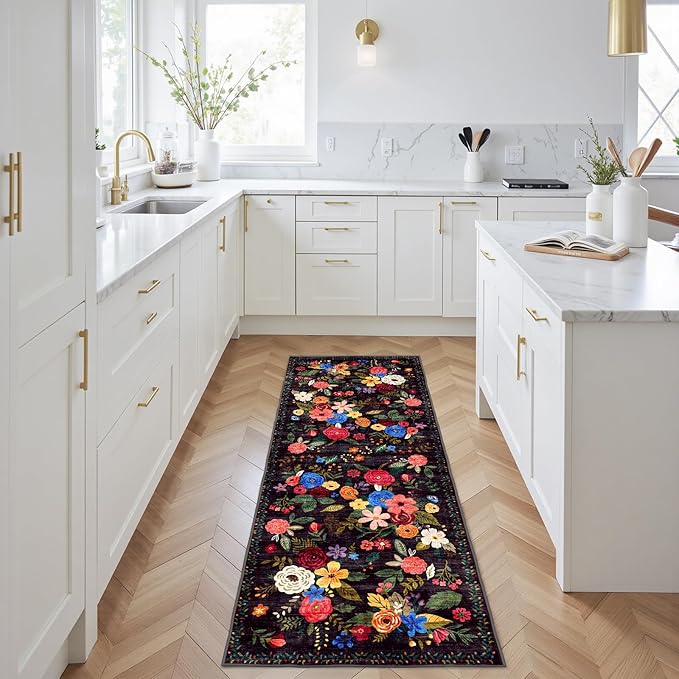 Rug for Hallways Kitchen Rug 2x6, Non Slip Washable Rugs with Rubber Backing Soft Floral Carpet Runner for Hallways, Kitchen, Laundry, Bedroom, Bathroom (2 x 6, Purple Lawn)