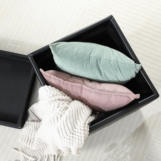 Adeco 17" Black Storage Ottoman Cube with Tray Lid, Small Footstool with Storage, Square End Table for Living Room & Bedroom