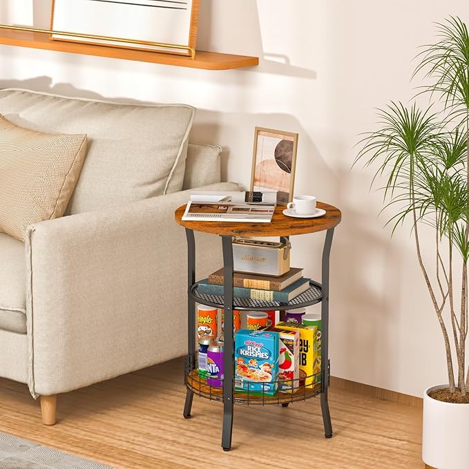 X-cosrack Round Side Table, Industrial Retro End Table with Storage,Coffee Snack Table for Living Room, Bedroom,Kitchen,Office,Stable Wood and Metal Frame,Rustic Brown