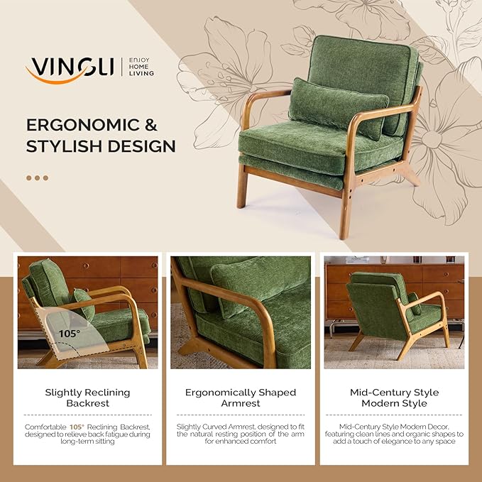 VINGLI Chenille Mid-Century Modern Accent Chair Set of 2, Cute Reading Arm Chair with Cushion & Lumbar Pillow & Solid Wood Frame for Lounge, Living Room, Reading Room, Bedroom, Olive-Green