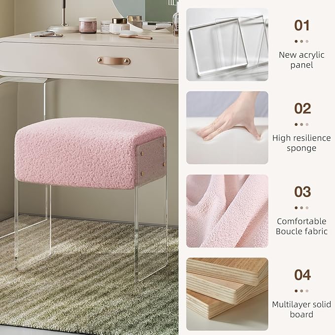 Vanity Stool Chair and Foot Rest -Modern Vanity Stool and Pouf Ottoman with Wool and Acrylic Leg for Makeup Room, Living Room, Bedroom Pink